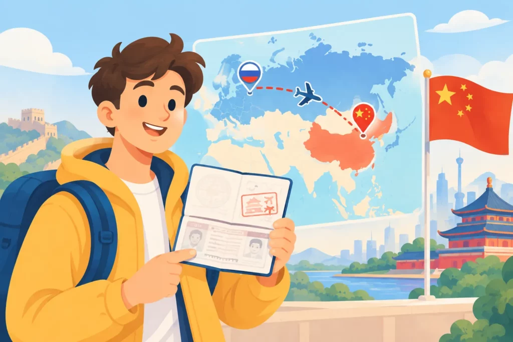Турист с паспортом и маршрут поездки из России в Китай