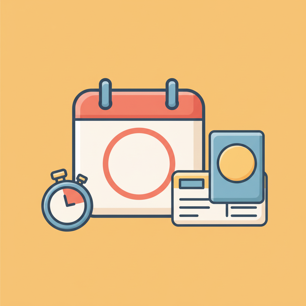 Мультяшная иллюстрация: календарь с отмеченной датой, секундомер и стопка документов, символизирующие сокращение сроков оформления визы