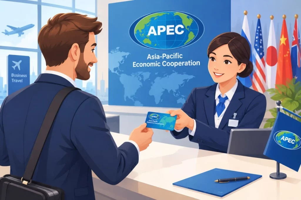 Бизнесмен получает карту АТЭС (APEC Business Travel Card) на стойке оформления